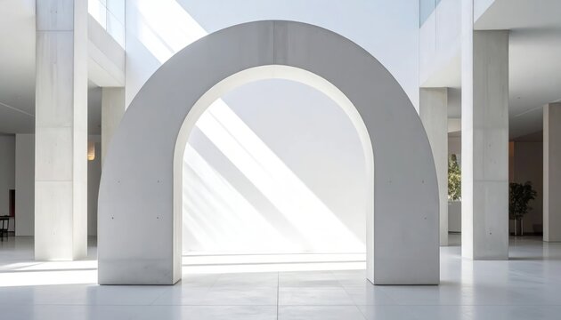 Modern minimalist interior with large concrete archway and geometric light patterns on white wall