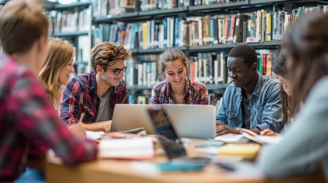 Diverse group of young students studying together with laptops in a bright library on white background