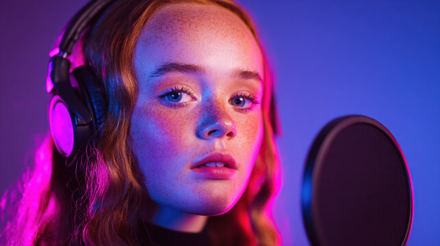 Girl sings into microphone with headphones in studio at night
