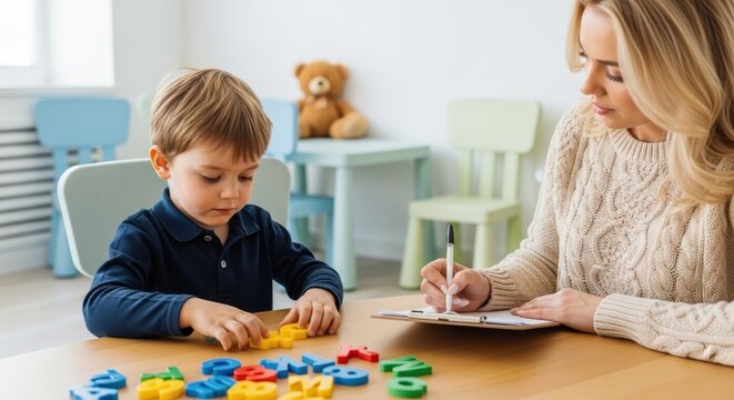 Young Boy Learning Numbers with Female Teacher or Therapist in Bright Classroom Setting for Early Childhood Education