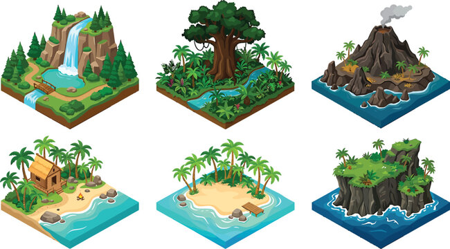 Isometric landscape tiles set featuring tropical islands mountains waterfall volcano and jungle terrain for mobile game level design