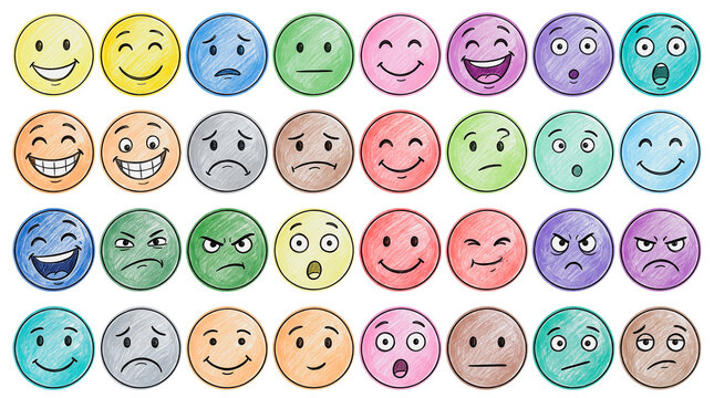 Colorful Crayon Style Emoji Faces Set with Various Emotions on Black Background