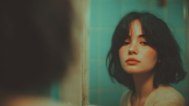 Woman looks into mirror in bathroom with blue tiles