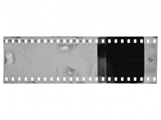 Fototapeta premium Vintage Black and White Analog Film Strip with Sprocket Holes, Translucent Gray Frame, Dark Exposed Section, Dust and Scratches for Retro Cinema Posters and Editorial Backgrounds