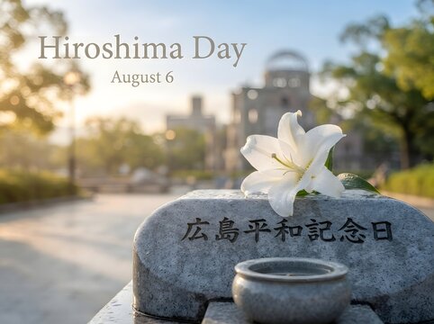 White lily flower on stone monument for hiroshima day on august 6 in japan memorial park