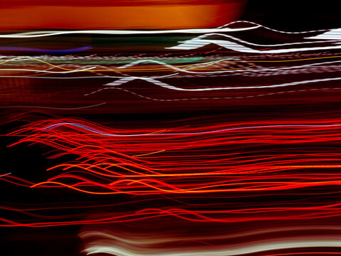 Abstract Red and White Light Streaks on Black Background, Long Exposure Night Traffic Motion Trails