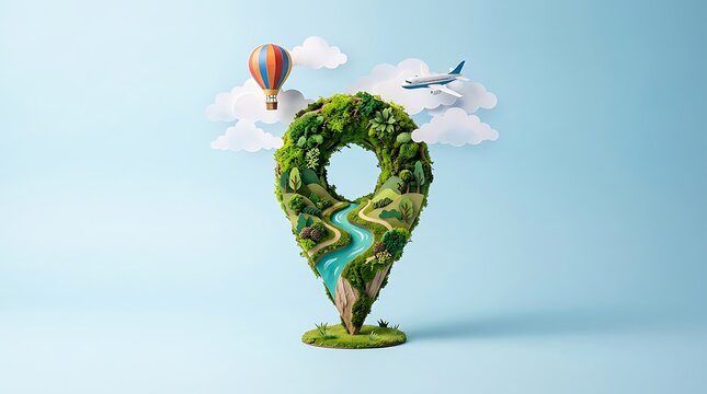 Travel destination pin hot air balloon airplane over lush green landscape