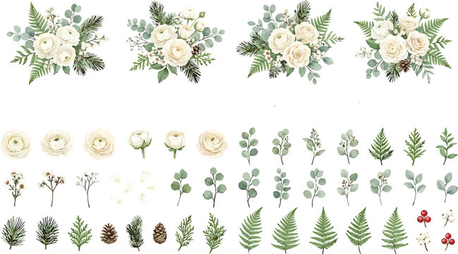 Watercolor winter floral arrangements and botanical elements set featuring white roses eucalyptus fern leaves and pine cones for design