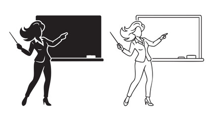teacher black silhouette with line art vector pointing at blackboard © Shamsul