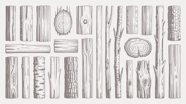 Detailed Sketch Various Wooden Logs and Tree Trunks on White Background with drawing and illustration and wood texture in stumps wood grain for gray