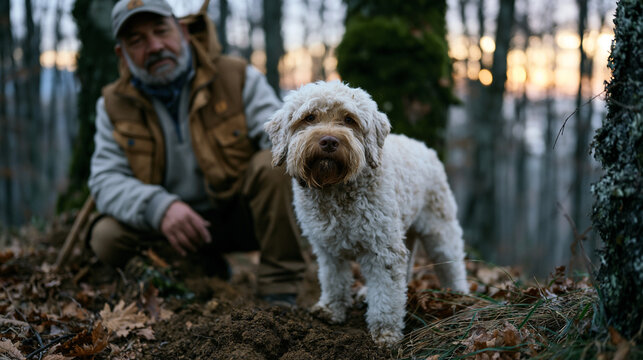 Truffle hunter guiding trained Lagotto Romagnolo dog through misty Italian oak forest at dawn, handler watching intently as dog signals underground find, autumn soil, luxury ingredient sourcing, cul