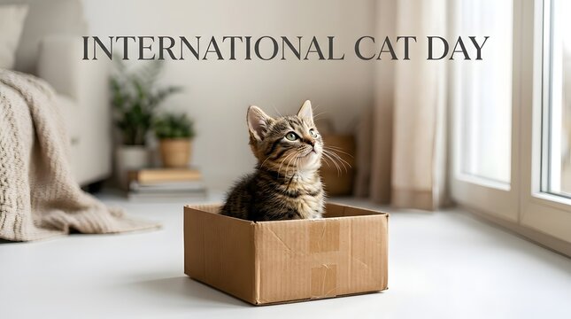 Cute little tabby cat sitting inside a cardboard box for international cat day celebration
