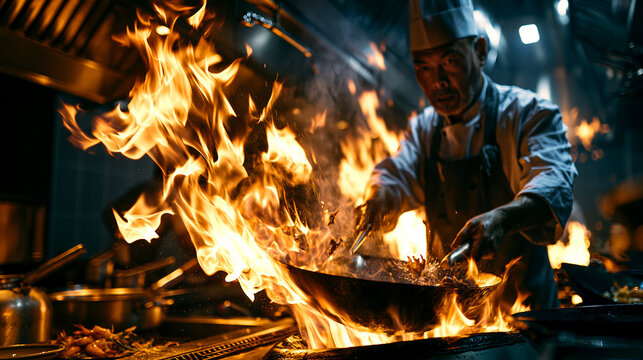 Professional Chef in Action: Stir-Frying Asian Cuisine Over Vibrant Flames