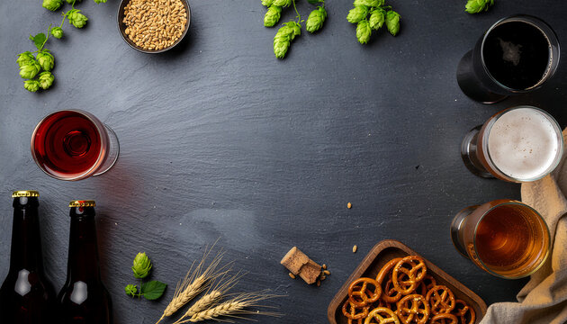 Overhead View of Craft Beer Bottles and Glasses with Snacks on Slate Surface