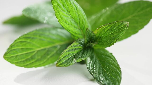 Fresh mint sprig on white table surface