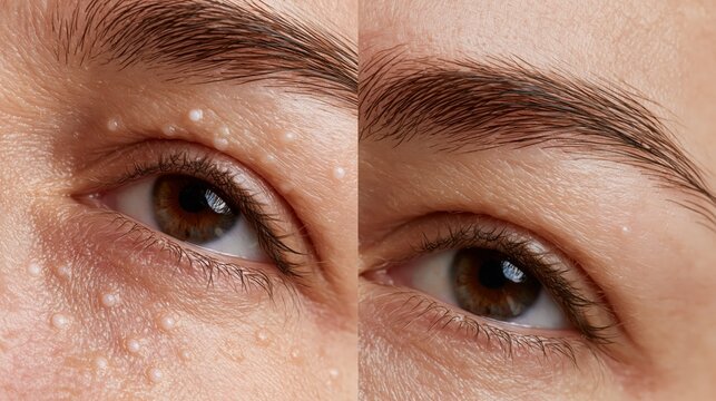 Split frame showing tiny white milia cysts beneath eye skin versus completely clear smooth skin. Concept of milia removal.