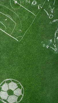 Grungy soccer or football design template. well-groomed turf in the stadium and soccer strategy with copy space.