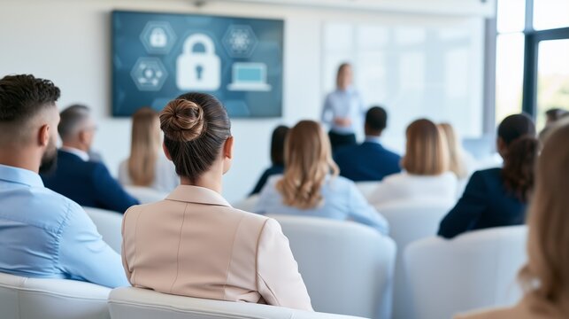 Business Audience Attending Cybersecurity Presentation, Excellent for Corporate Training, Data Protection and Information Security