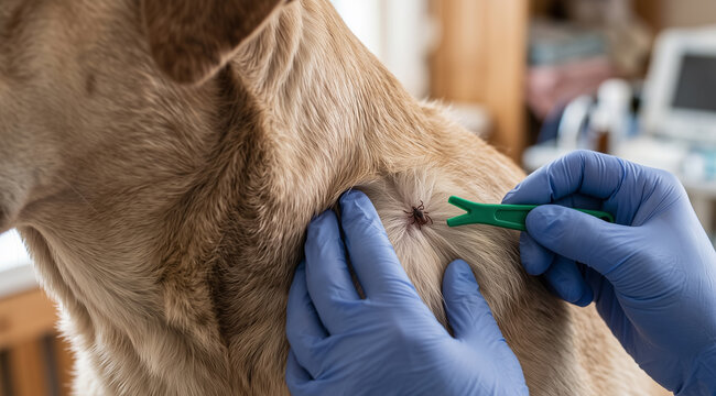 Veterinarian Removing Tick from Dog Skin with Tick Tool, Excellent for Parasite Prevention, Pet Health and Veterinary Care