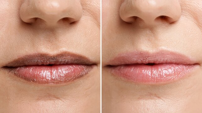 Symmetric centered split frame showing a dark hyperpigmented lip border ring versus an even-toned lip border matching surrounding skin. Concept of lip border pigmentation treatment.