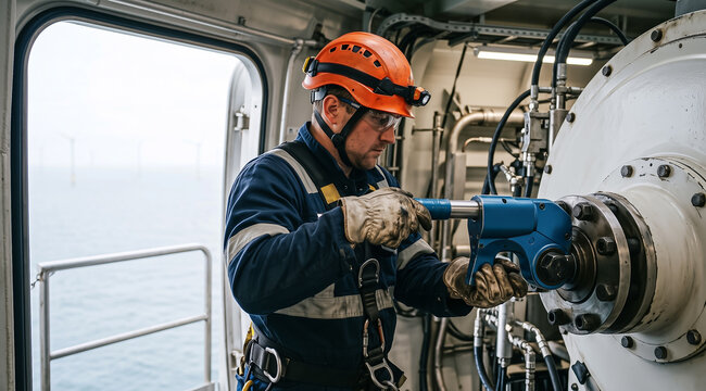 Industrial Technician Using Hydraulic Torque Wrench on Heavy Machinery, Excellent for Maintenance, Offshore Engineering and Worker Safety