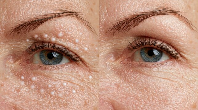 Split frame showing tiny white milia cysts beneath eye skin versus completely clear smooth skin. Concept of milia removal.