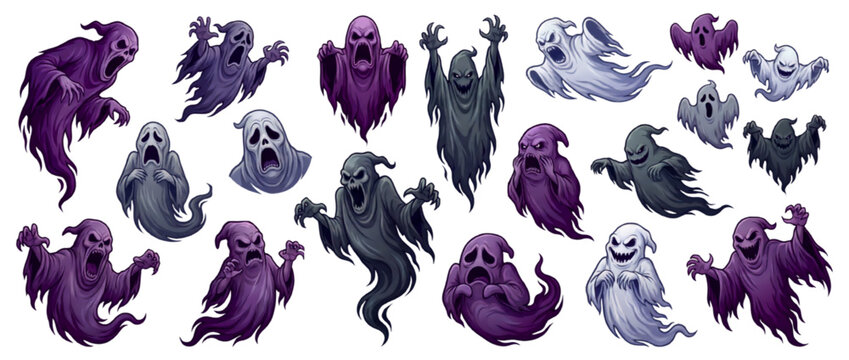Scary Halloween Ghost Character Vector Set with Spooky Expressions