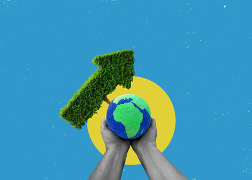 Little hands tenderly hold a small earth globe with an upward-pointing arrow, isolated on background. Flat art design.