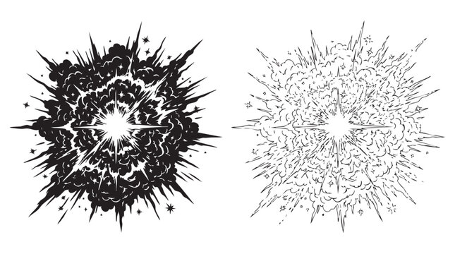 black silhouette with line art vector supernova explosion icon concept