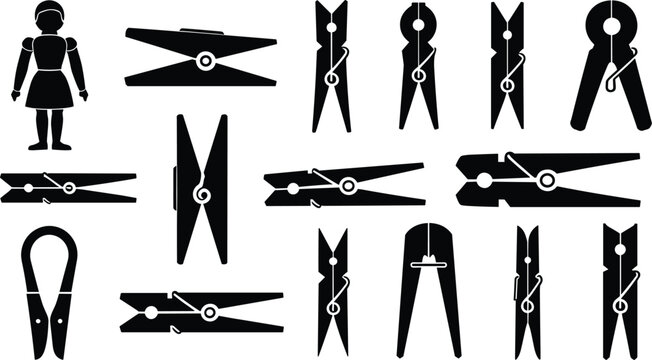 Clothespin vector silhouette icon collection featuring black laundry pegs wooden doll pin vintage spring clips laundry line hangers and household utility symbols.