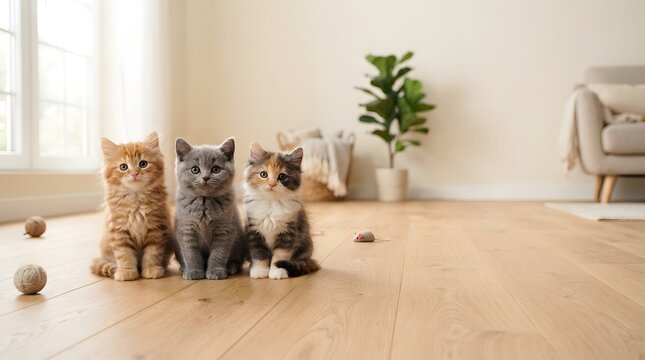 Three cute fluffy kittens sitting together on a wooden floor in a bright cozy living room