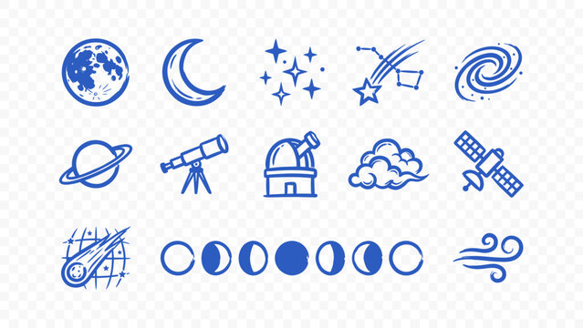 universe space galaxy and cosmic science doodle handmade ink scribble flat line art vector illustration icon bundle set calligraphy drawing design astronomy stars art
