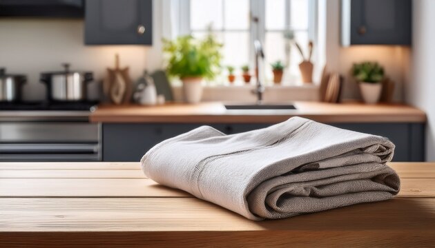 folded towel linen tablecloth on wooden desk perspective kitchen interiors bacground selective focus