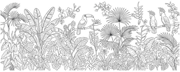 Tropical jungle flora with toucan and parrots line art. © SABIKUNNAHAR