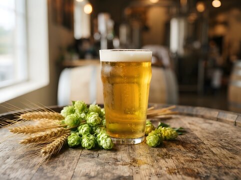 A cold glass of fresh lager beer served with green hops and wheat on a rustic table