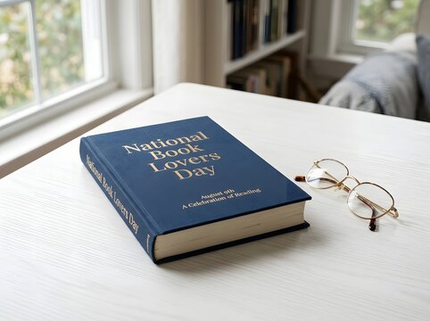 National book lovers day celebration book with reading glasses on a desk by a window