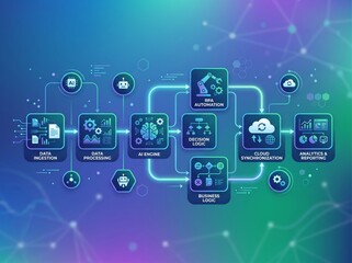 Naklejka premium Advanced Artificial Intelligence Architecture Flowchart Representing Automated Data Processing and Cloud Computing Digital Infrastructure