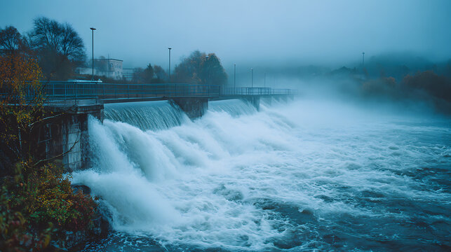 Waterfall cascading over concrete dam wall with mist rising and trees in background on foggy day.