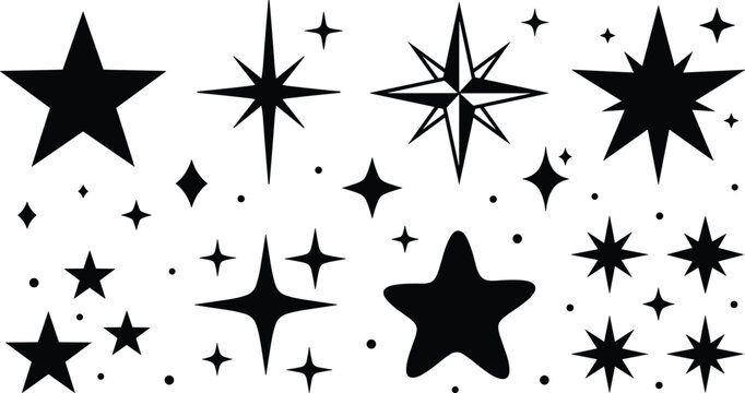 Sparkle and Star Icon Set Featuring Silhouette Symbols of Twinkling Night Sky Elements, Magic Flashes, and North Star Shapes for Decorative Vector Designs