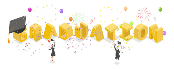 Fototapeta premium 3D Isometric Flat Illustration of Graduation, Celebrating Academic Achievements In A Memorable Year