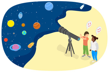 Naklejka premium 3D Isometric Flat Illustration of Astronomy For Kids, Young Children Explore The Wonders Of Astronomy Through Science Study