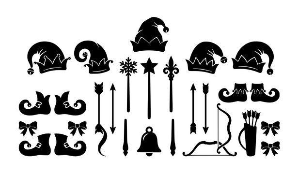 Christmas elf silhouette icon set featuring hats shoes magic wands and bow arrows vector EPS