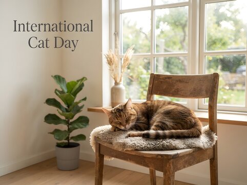 Cute orange tabby cat sleeping on a wooden chair by a bright window for international cat day