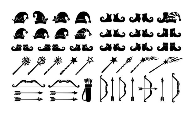 Black silhouette Christmas elf accessories vector set with hats shoes magic wands and bow arrows isolated on white background