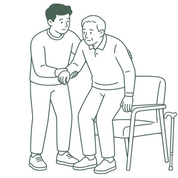 Son helping elderly father stand up, family caregiver vector illustration, line art