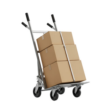 A person transporting large cardboard boxes using a hand truck on a sidewalk. isolated on transparent background