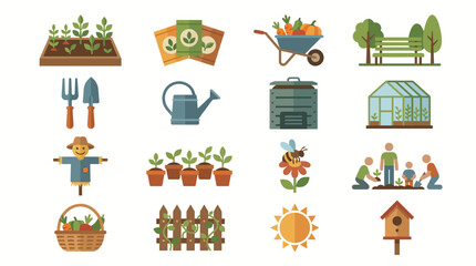 Fototapeta premium Gardening icons illustrate various tools, plants, and outdoor activities for home landscaping enthusiasts.