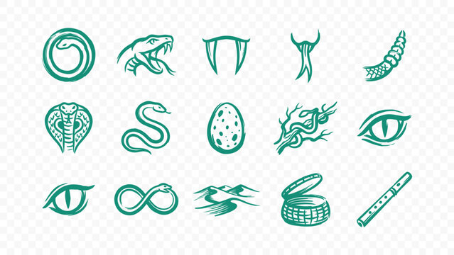 snakes reptiles and wild nature animals doodle handmade ink scribble flat line art vector illustration icon bundle set calligraphy drawing design forest wildlife elements