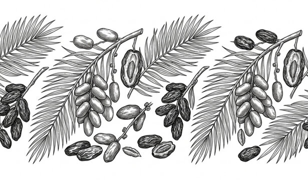 Date Palm Seamless Border with Fresh and Dried Dates Hand Drawn Vector Illustration