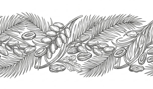Hand Drawn Date Palm Branch Border with Sweet Dates Vector Set